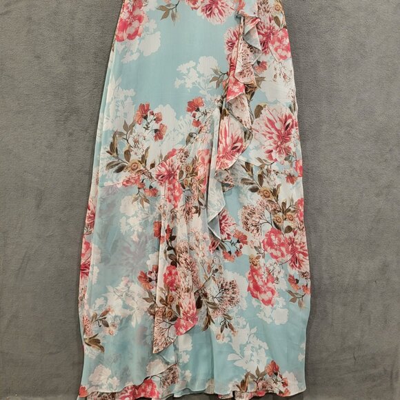 Eliza J Maxi Dress Womens 6 Floral V Neck Ruffle Girly Flutter Sleeve Green Pink - Picture 4 of 8